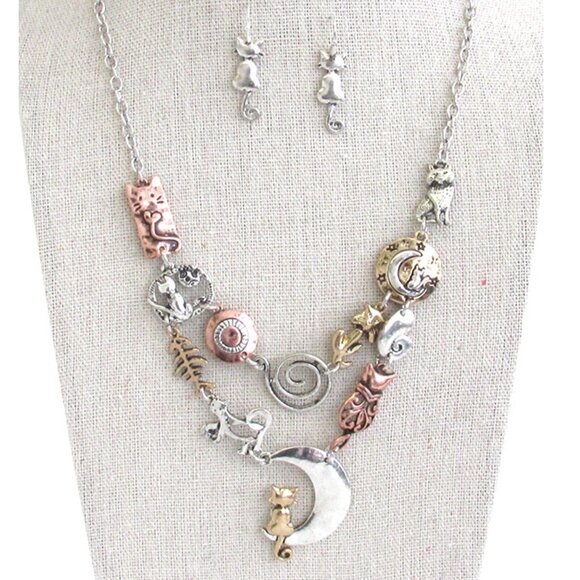 I Love My Cat To The Moon & Back Mixed Metal Artisan Etsy Charm Necklace NEW - Picture 1 of 6